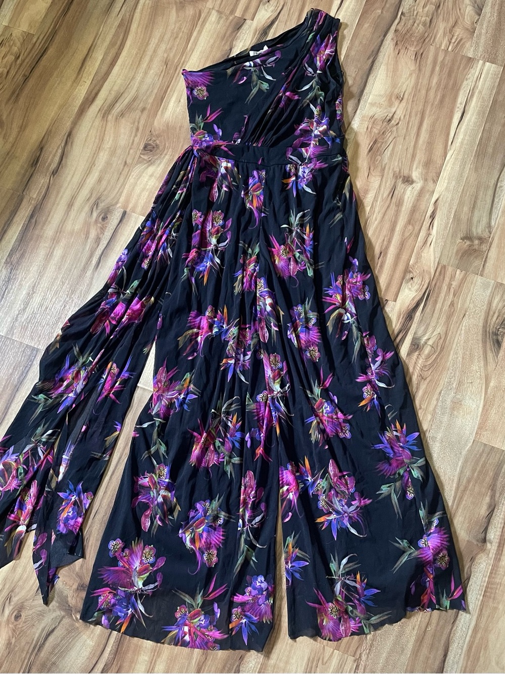 Fuzzi "Bird of Paradise" Tropical Floral One-Shoulder Mesh Jumpsuit *Altered*